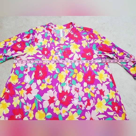 Dear Scarlett Floral Blouse Top Tunic XL Bright Pink Yellow Red Green 3/4 Sleeve - Picture 9 of 13